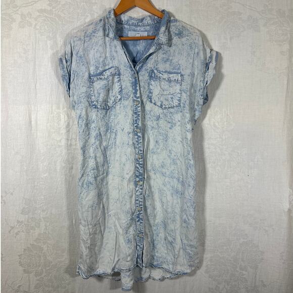 Thread + Supply Chambray Shirt Dress Large Light Blue Acid Washed Pockets Tunic - Picture 1 of 10